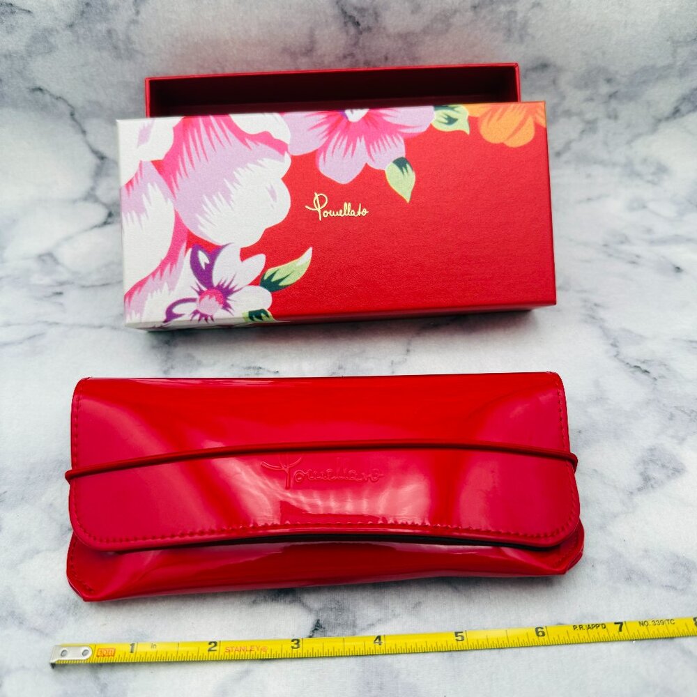 Pomellato Sunglasses Case Set, Faux Red Leather, Floral Red Boxed, Black Cloth - Picture 3 of 7